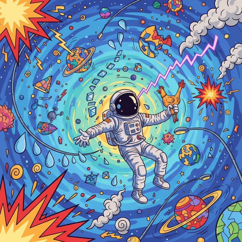Astronaut floating in space with cartoonish explosions and distorted physics. Surreal, edgy, vibrant colors, 16:9.