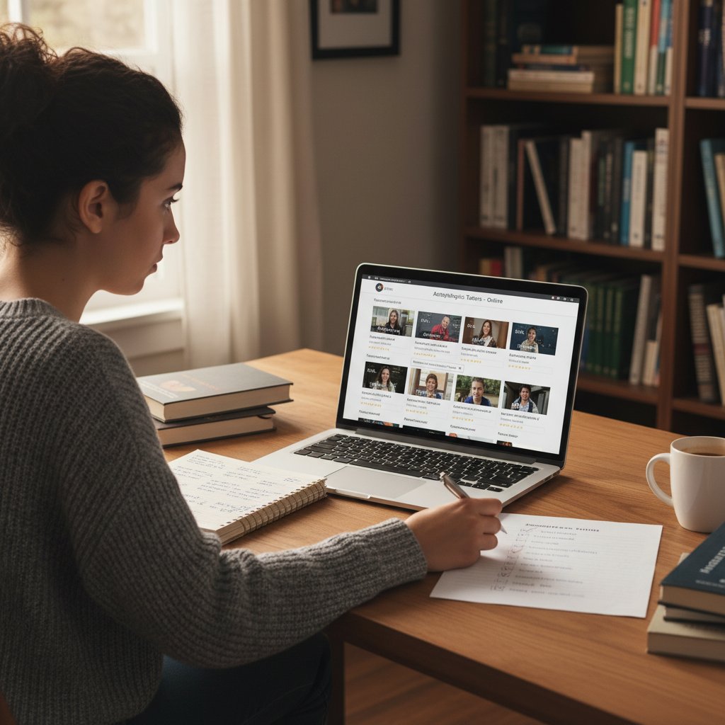 Kandydat na astrofizyka analizuje checklistę wyboru korepetytora online, laptop, notatki