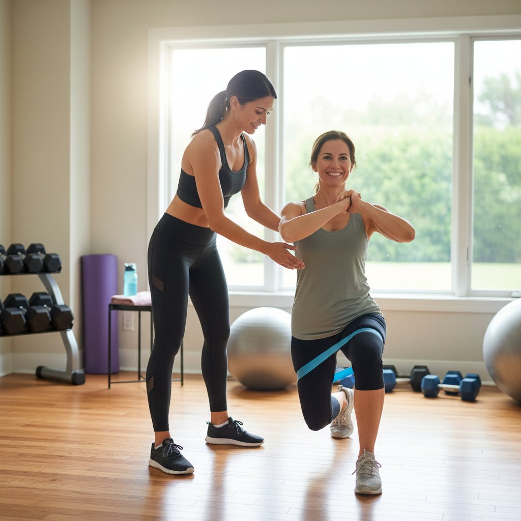 Trenerka prowadząca indywidualny trening domowy u klienta