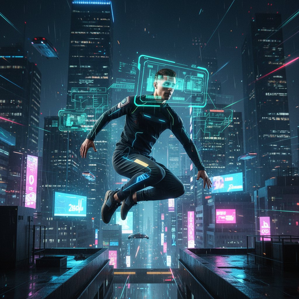 Sportowiec korzystający z aplikacji AI do monitorowania treningu, miasto nocą, klimat technologiczny