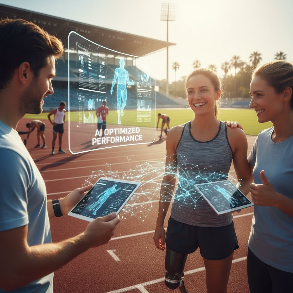 Sportowiec korzystający ze wsparcia AI, otoczony trenerami i zespołem, w pozytywnej atmosferze