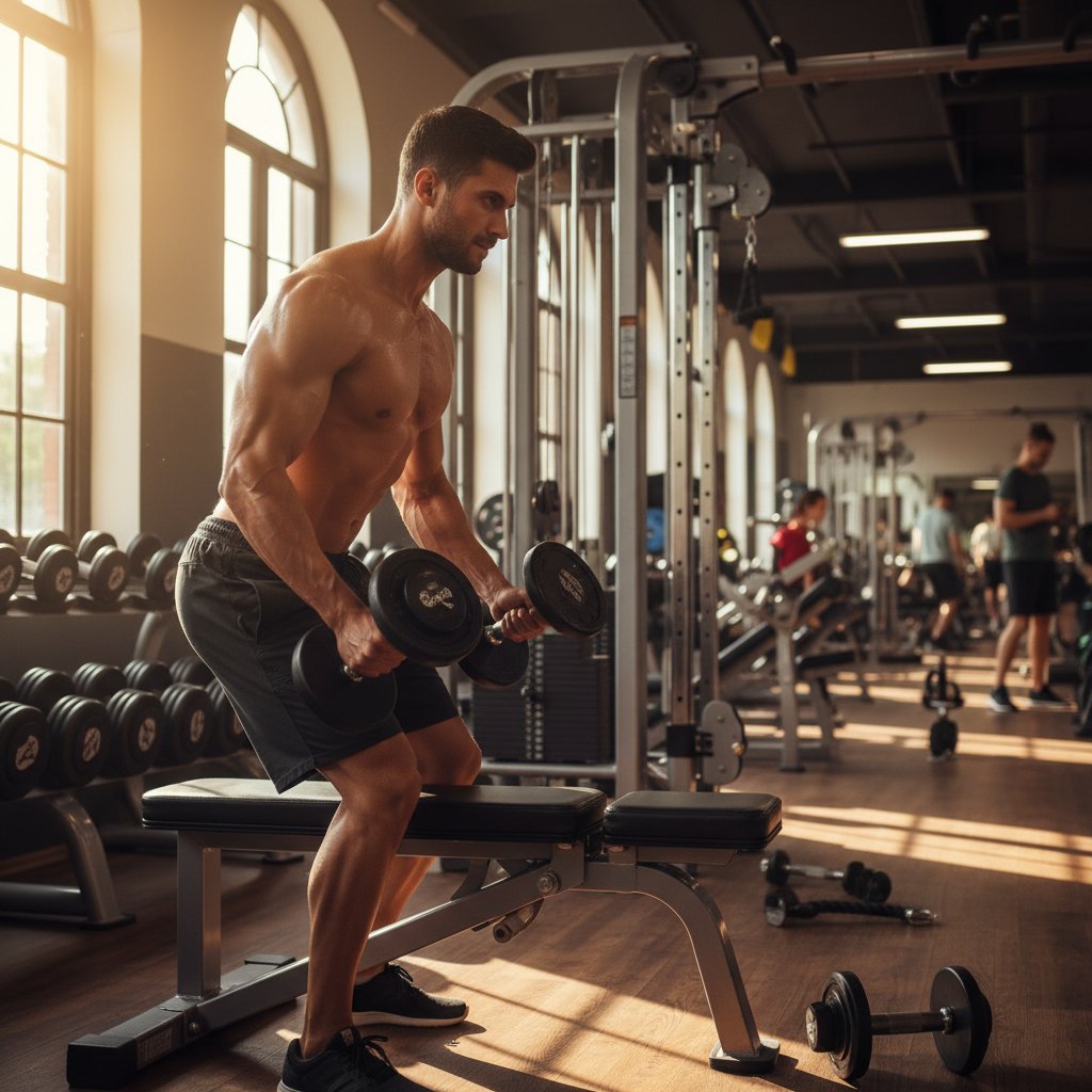 Sportowiec wykonuje serię wyciskania na ławce, po czym przechodzi do prostowania ramion na triceps, naturalne światło, dynamiczna scena