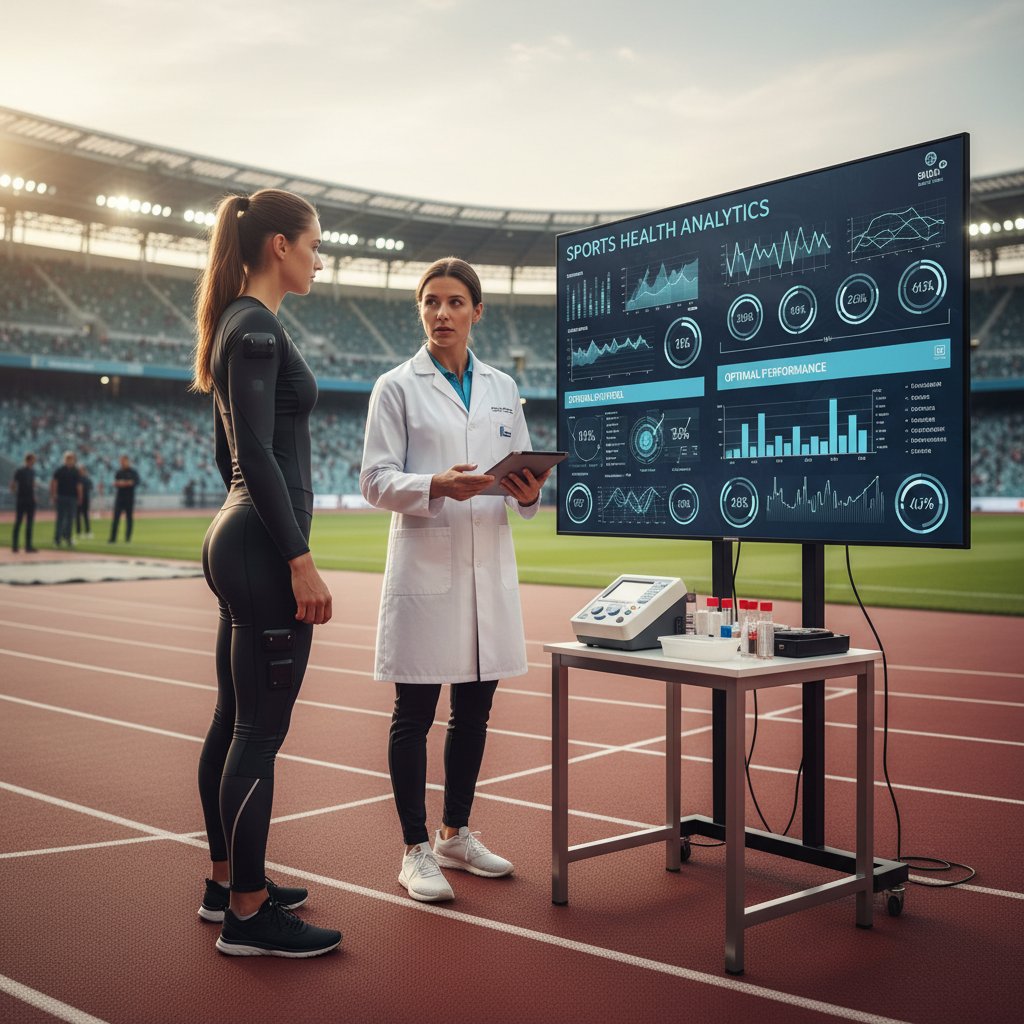 Sportowiec analizujący wyniki biomarkerów na tle stadionu, biomarkery sport zdrowie