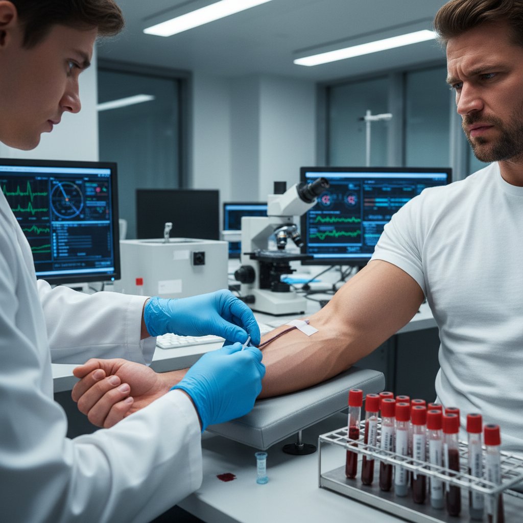 Zdjęcie sportowca wykonującego badanie krwi w laboratorium, z widocznym napięciem
