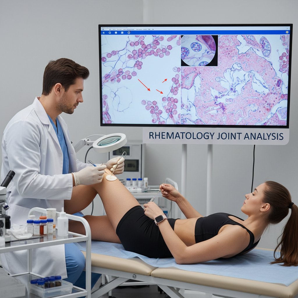 Sportowiec konsultujący się z lekarzem reumatologiem, analiza stanu stawu przed biopsją błony maziowej