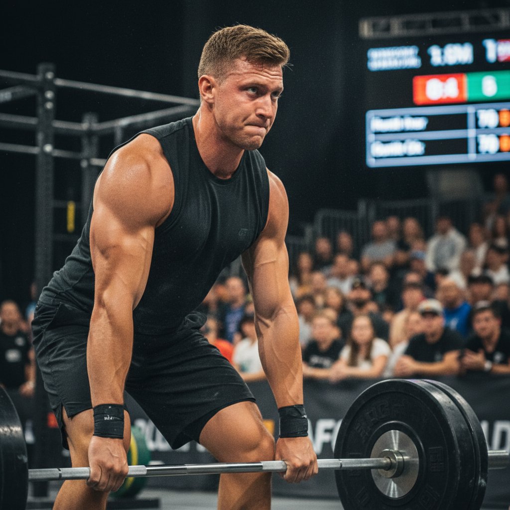 Atleta tuż przed startem, skupiony wzrok i napięte mięśnie – sportowy przykład podniecenia fizjologicznego