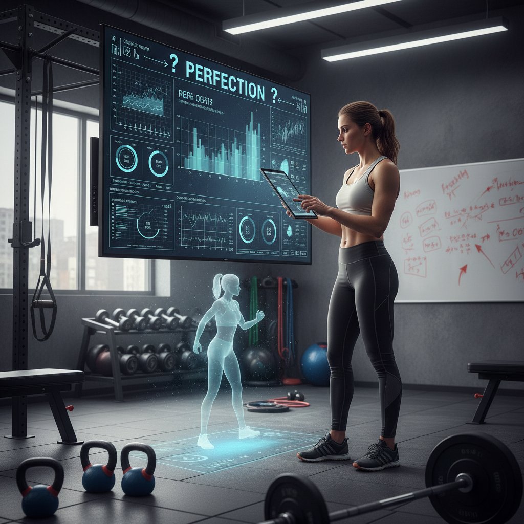 Sportowiec na siłowni, analizujący swoje wyniki, symbolizujący perfekcjonizm w sporcie i diecie