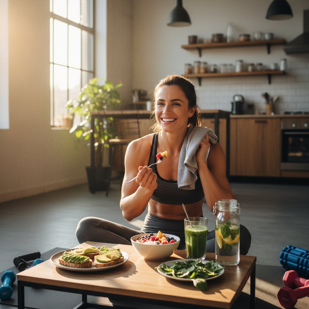 Sportowiec jedzący posiłek bogaty w magnez po treningu – miska z orzechami, awokado, płatki owsiane