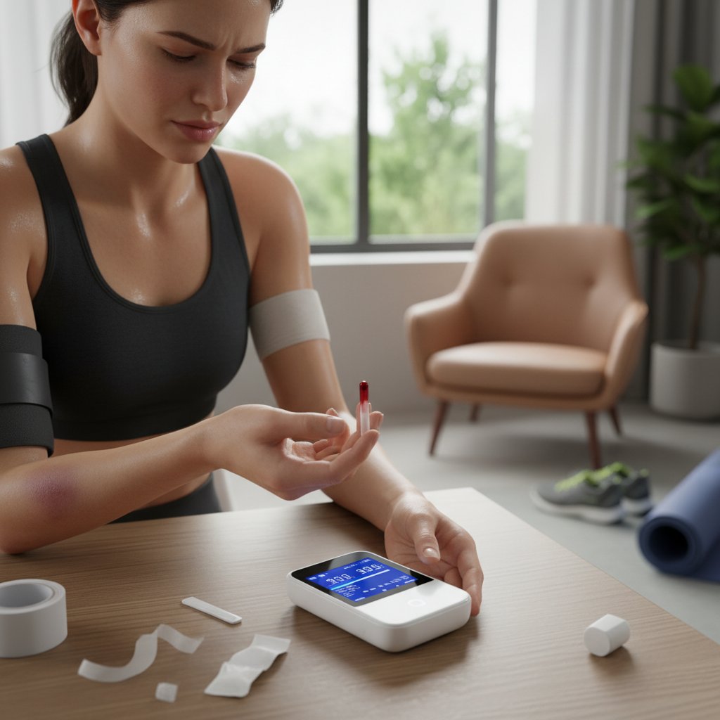 Sportowiec po urazie korzystający z urządzenia do samokontroli INR