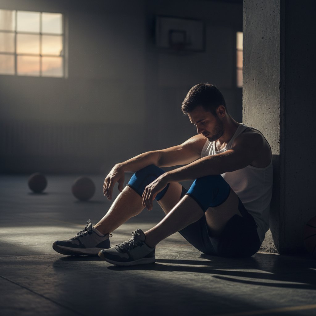 Zapobieganie kontuzjom podczas HIIT w domu, sportowiec z opaską na kolanie, odpoczynek, stonowane światło