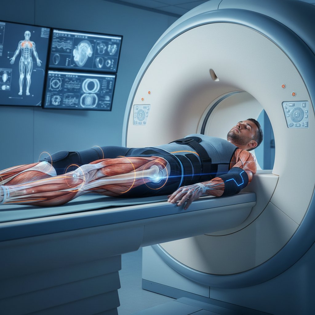 Sportowiec na badaniu MRI, widoczny strój sportowy, nowoczesna atmosfera