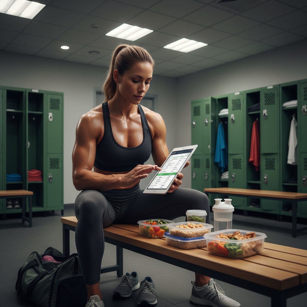 Sportowiec analizujący plan żywieniowy na tablecie w szatni po treningu, dieta sportowa, porady dietetyczne