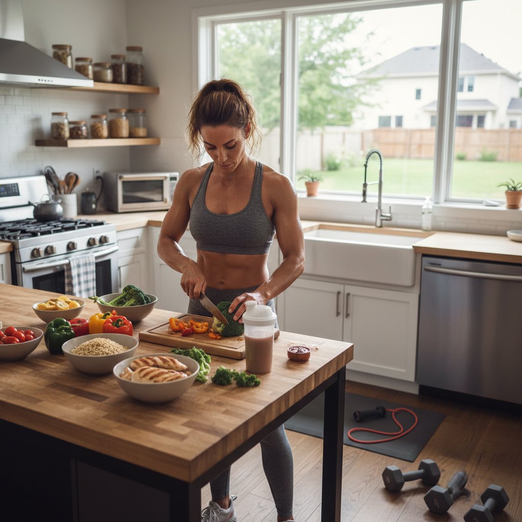 Sportowiec w domowej kuchni przygotowuje posiłek po treningu, atmosfera planowania i regeneracji