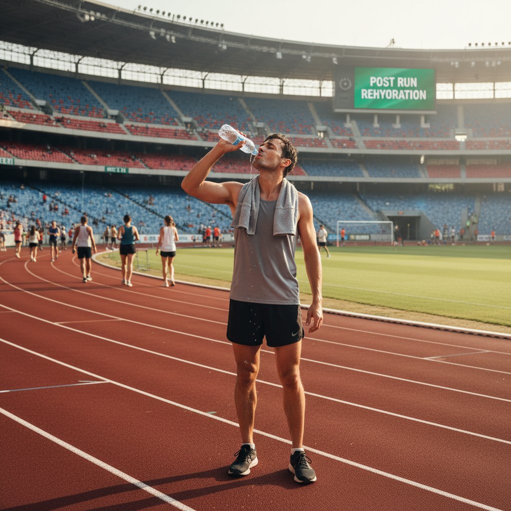 Sportowiec po biegu pije dużą butelkę wody, niebezpieczeństwo przewodnienia, otoczenie stadionu