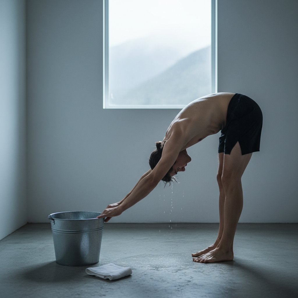 Sportowiec rozciągający się po zimnym prysznicu, odprężony, minimalistyczna przestrzeń