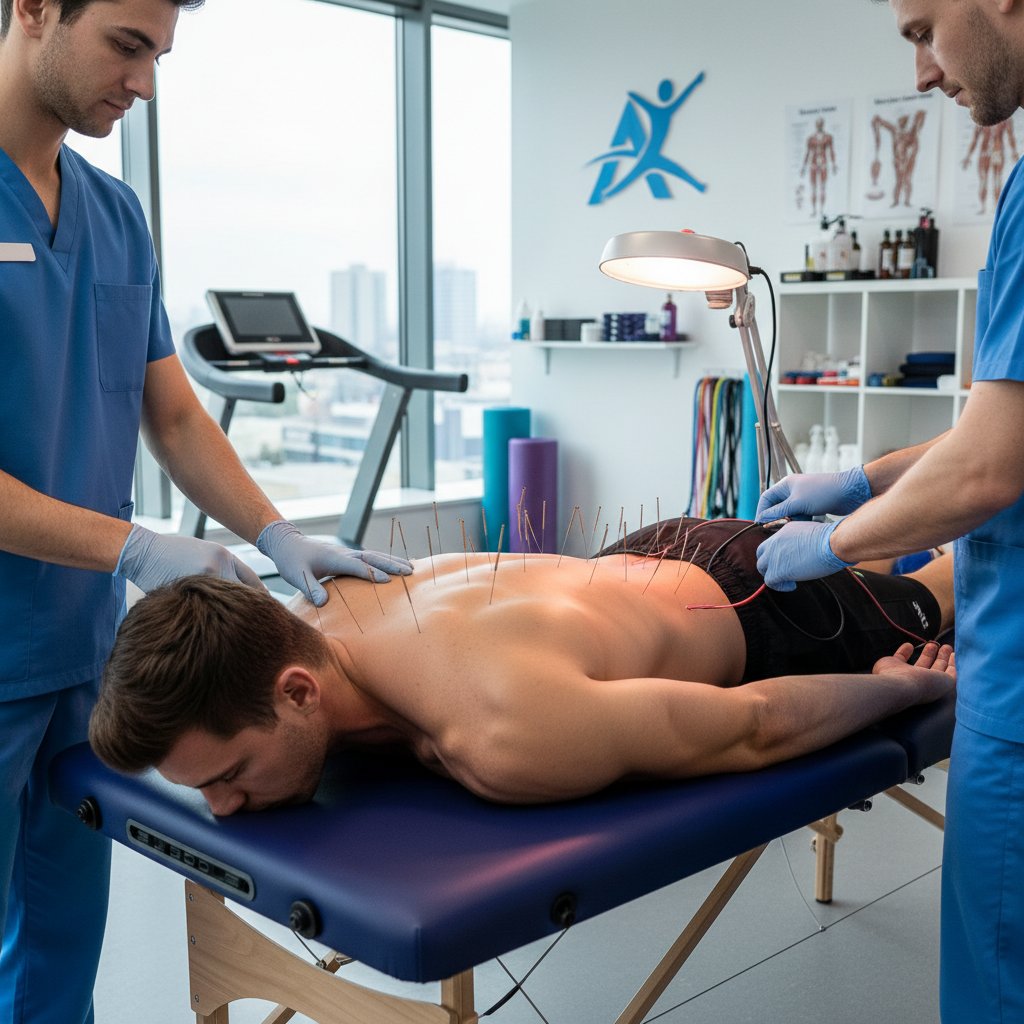 Sportowiec podczas rehabilitacji z igłami, profesjonalny gabinet