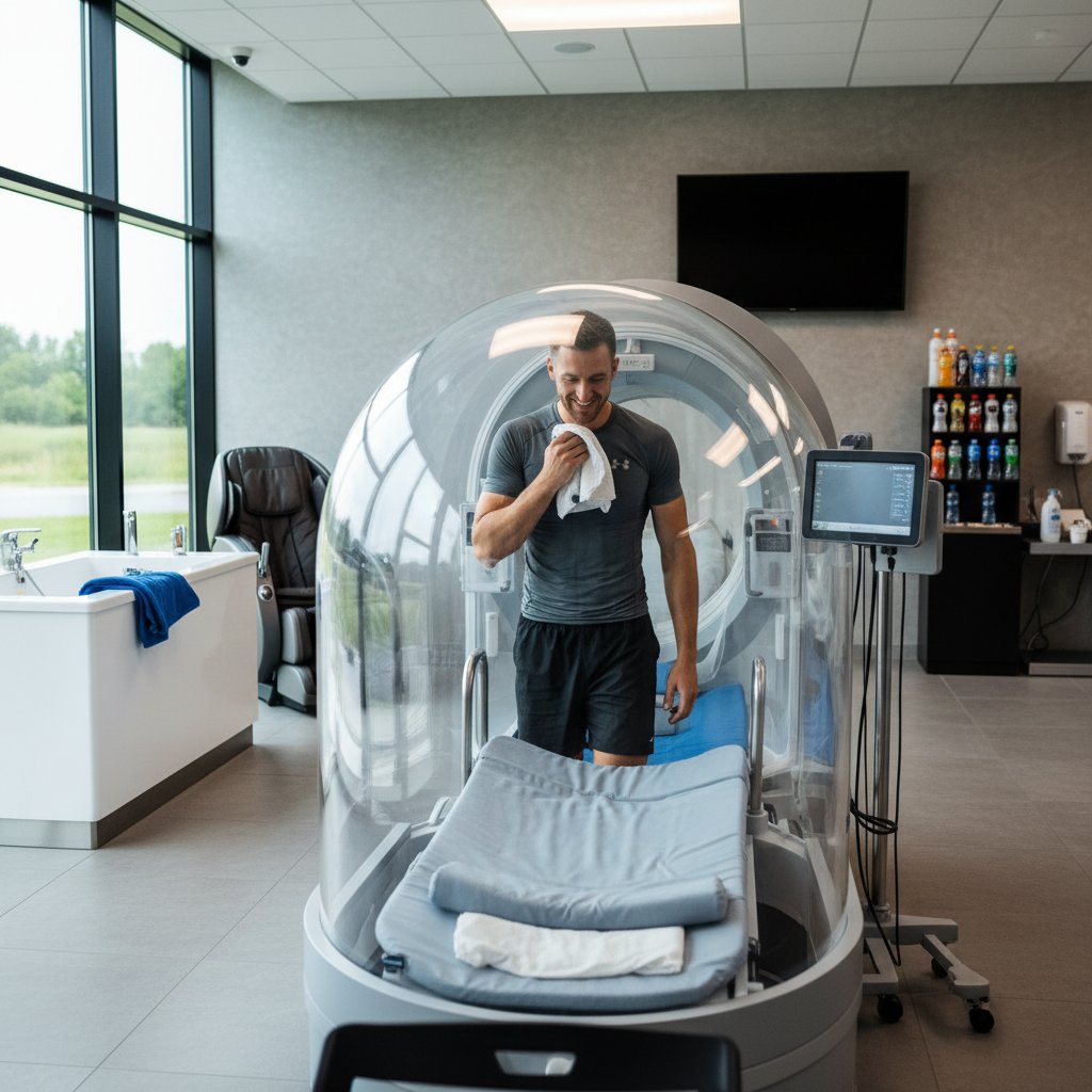 Znany sportowiec po sesji w komorze hiperbarycznej, regeneracja po treningu