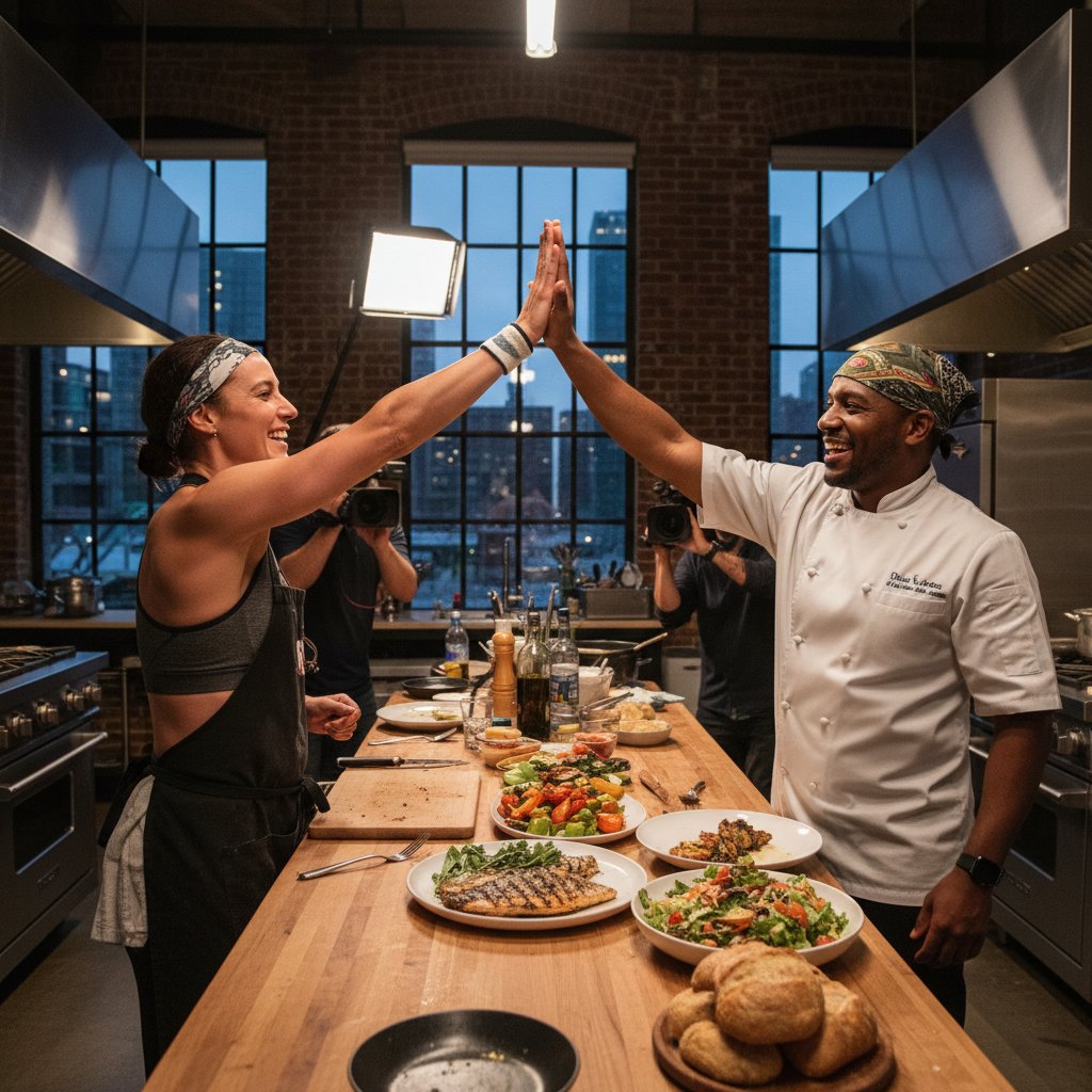 Sportowiec i kucharz świętują udany posiłek w miejskiej kuchni