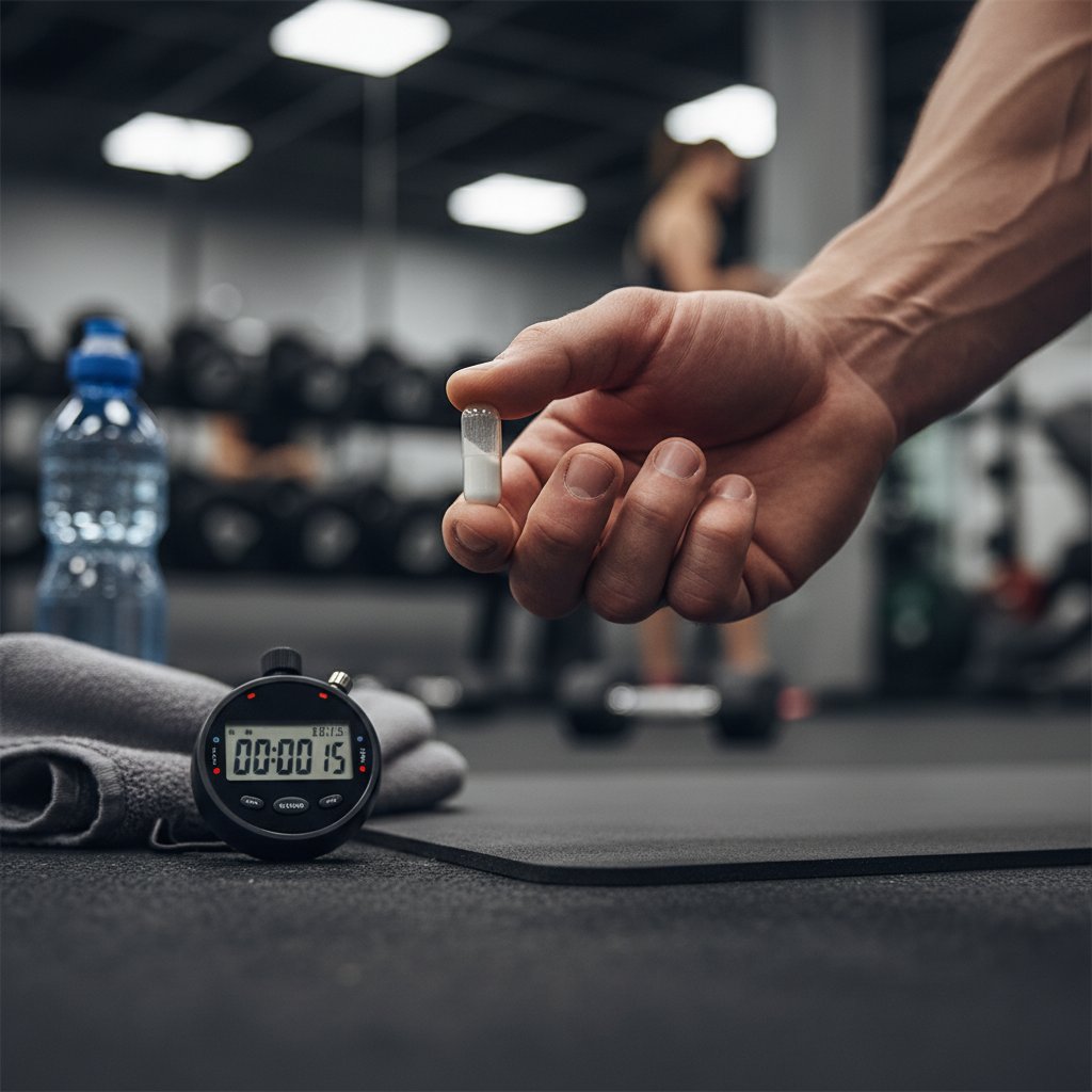 Sportowiec trzymający kapsułkę tryptofanu na tle siłowni