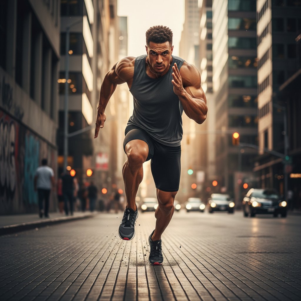 Sportowiec stosujący techniki bioenergetyczne, w ruchu, napięte mięśnie, miasto w tle