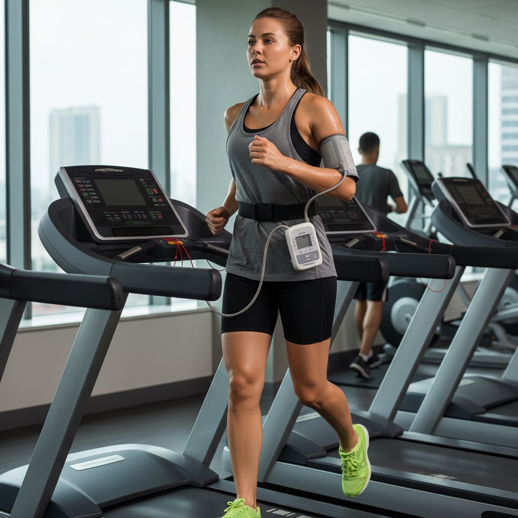 Sportowiec na bieżni z widocznym holterem ciśnieniowym