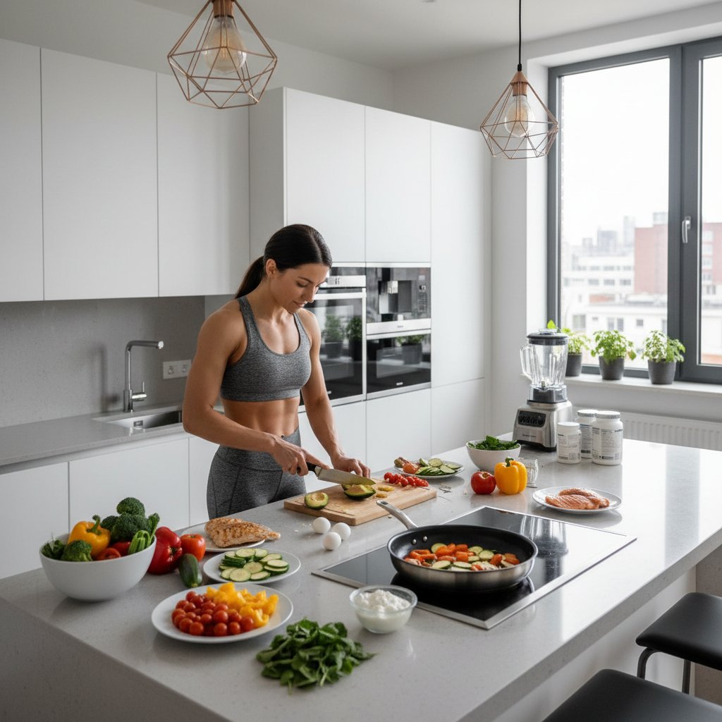 Zbliżenie: sportowiec przygotowuje posiłek bogaty w białko i warzywa w nowoczesnej kuchni