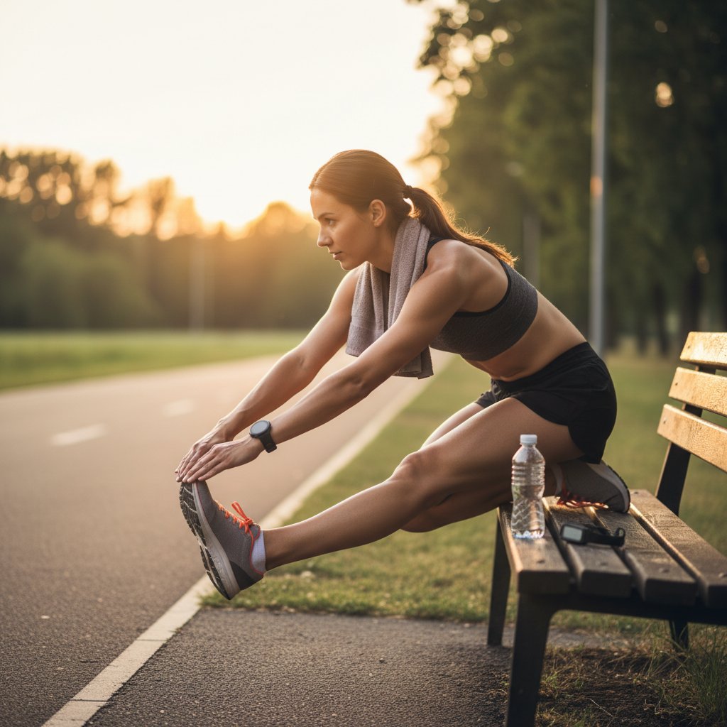 Sportowiec odpoczywający po biegu, rozciąganie, przerwa, regeneracja, pauzy w sporcie