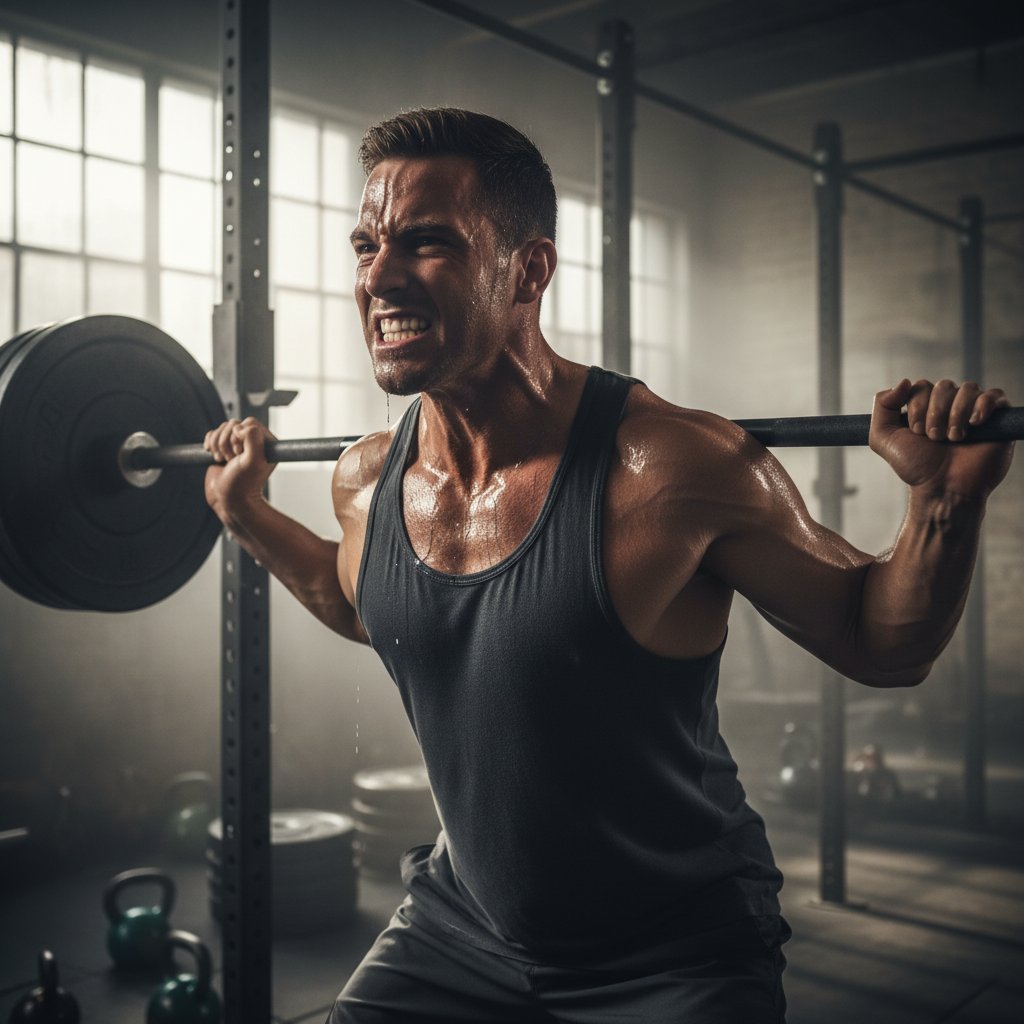 Sportowiec podczas intensywnego treningu z widocznymi kroplami potu