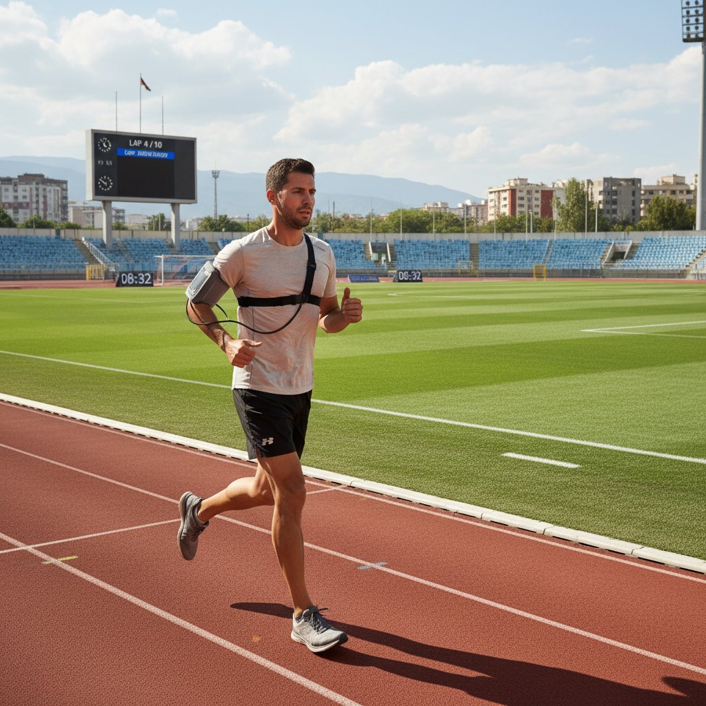 Sportowiec z holterem ciśnieniowym podczas treningu na stadionie