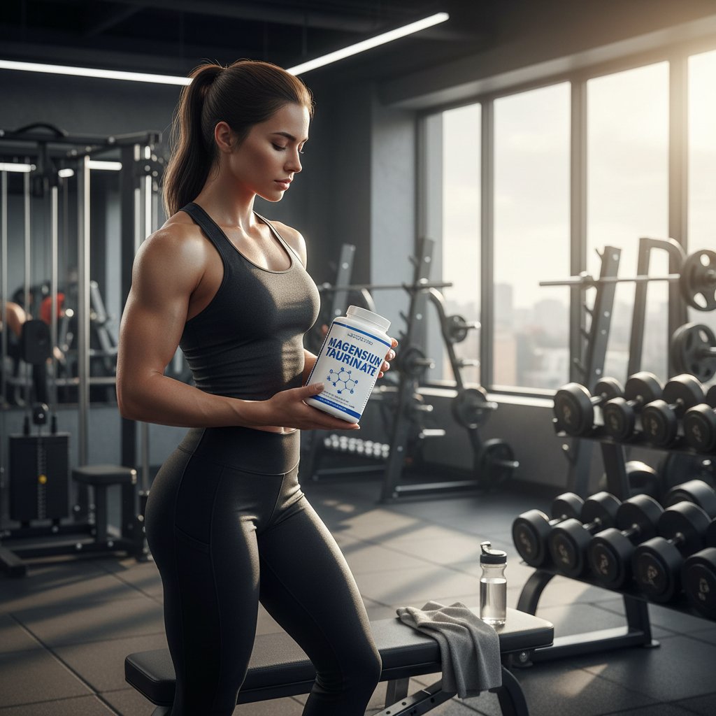Atletyczna kobieta na siłowni, w ręce butelka z suplementem magnezu taurynianu, dynamiczna scena sportowa