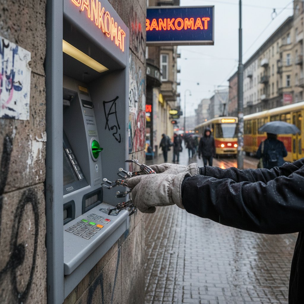 Scena z ulicy - osoba zakładająca rękawiczki przy bankomacie, nietypowe zastosowanie