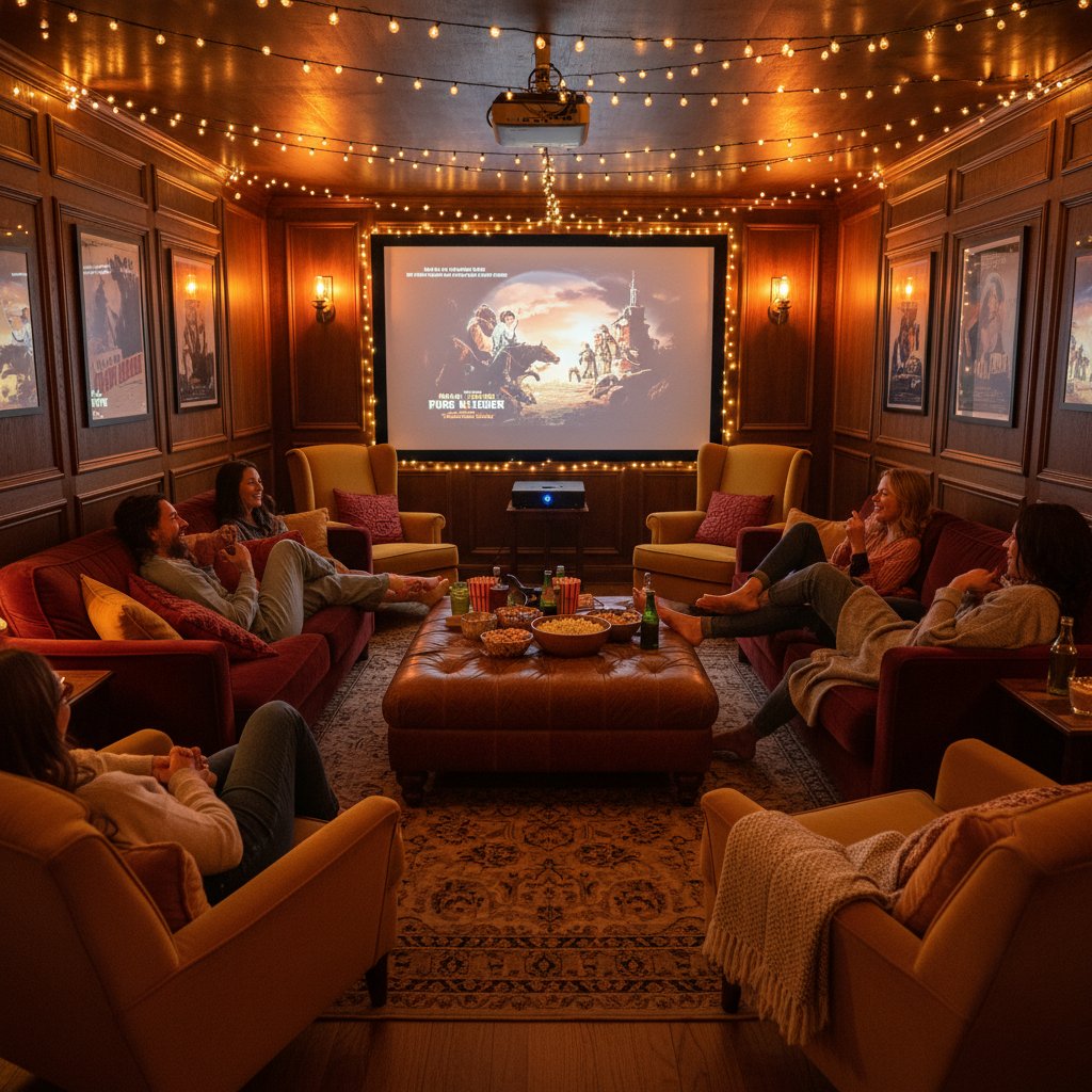 Atmospheric home cinema setup with friends, warm tones, 16:9