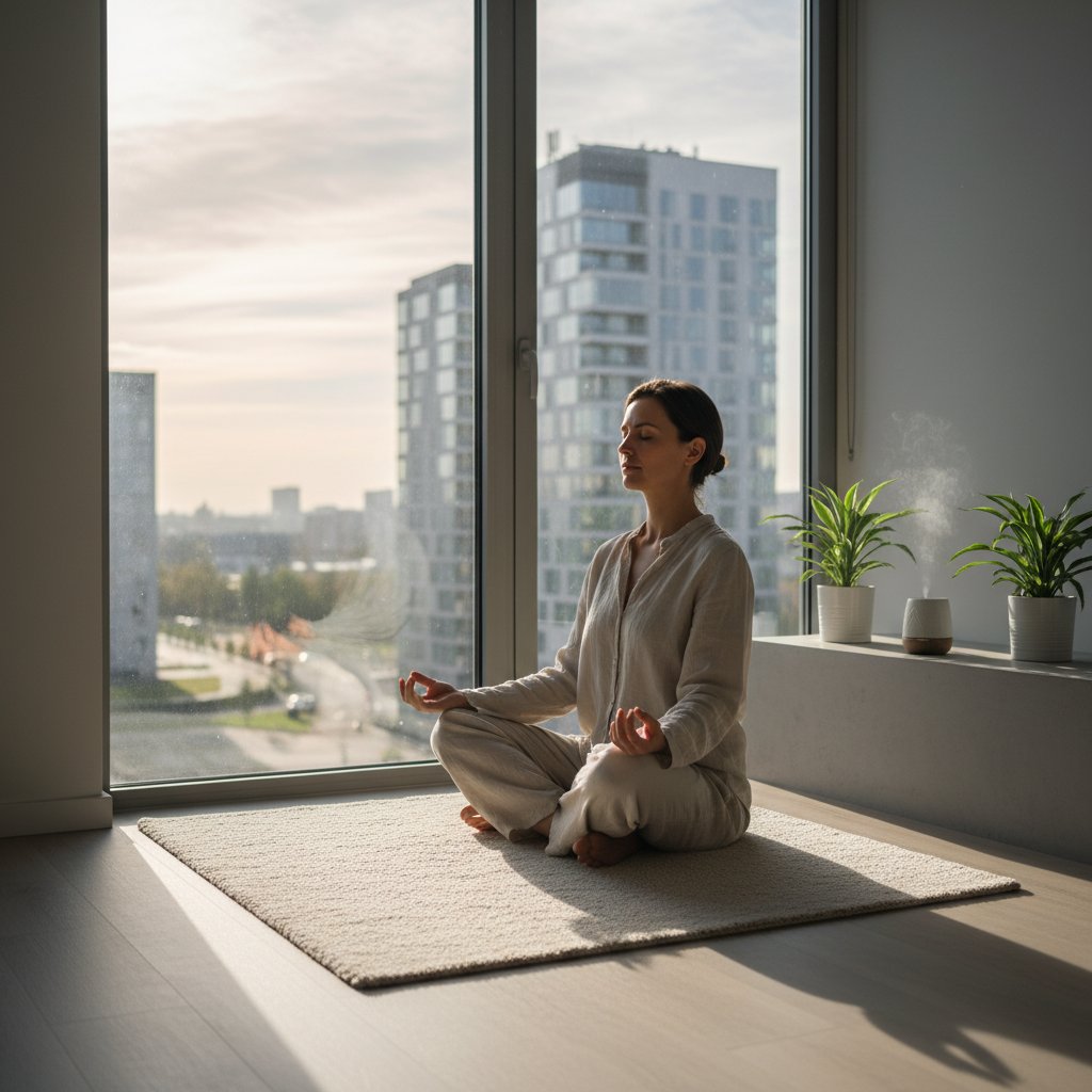Osoba praktykująca uważność w nowoczesnym polskim mieszkaniu, poranne światło, spokój