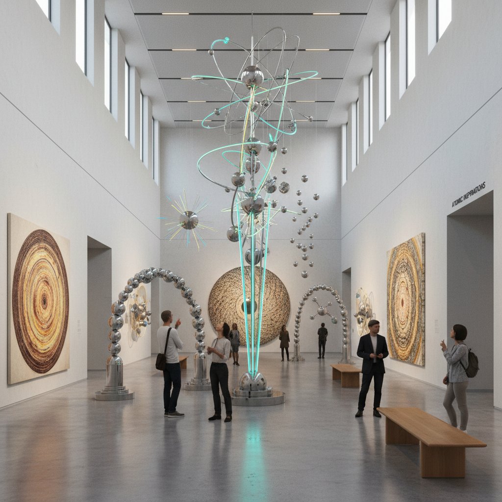 Współczesna instalacja artystyczna inspirowana strukturą atomu, galeria sztuki, nowoczesne oświetlenie