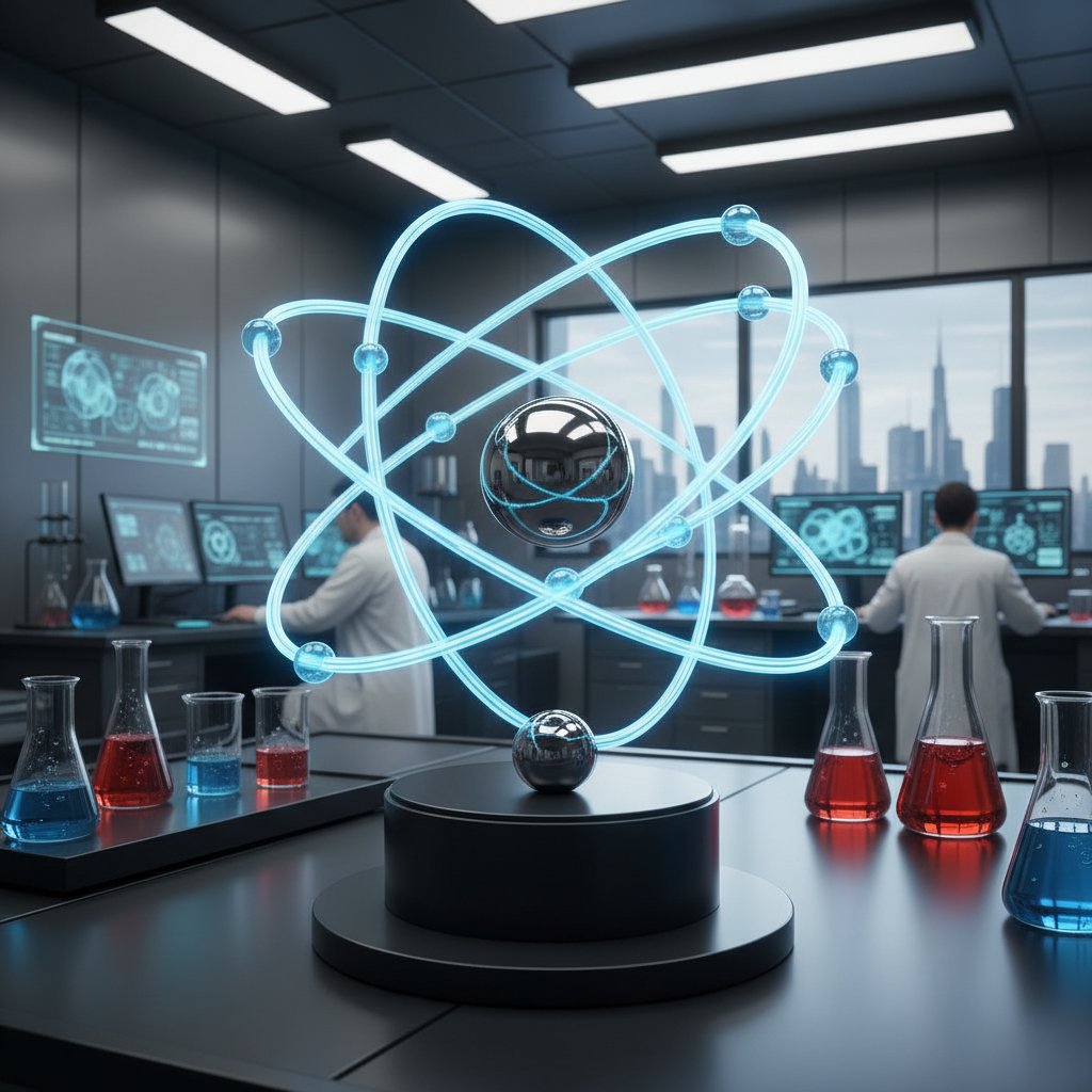 Realistyczne zdjęcie modelu atomu z wyraźnie zaznaczonymi powłokami elektronowymi, tło laboratoryjne