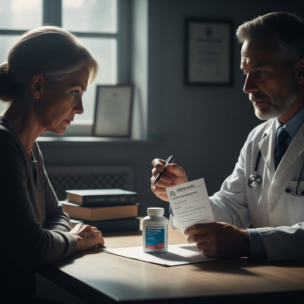 Tabletka atorwastatyny na tle dokumentów medycznych i sylwetek pacjenta oraz lekarza