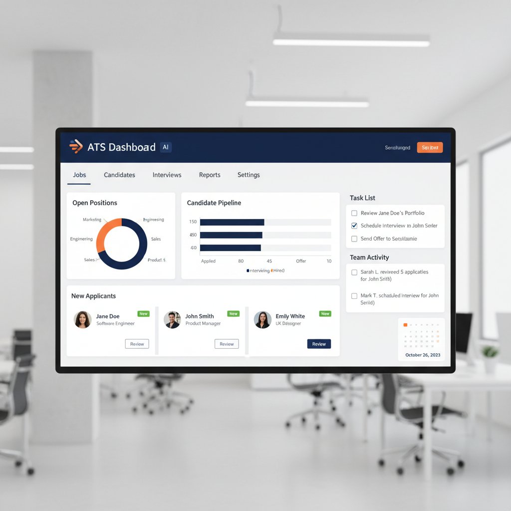 Widok panelu systemu ATS – zdjęcie dashboardu na monitorze z wyraźnie widocznymi etapami procesu selekcji kandydatów