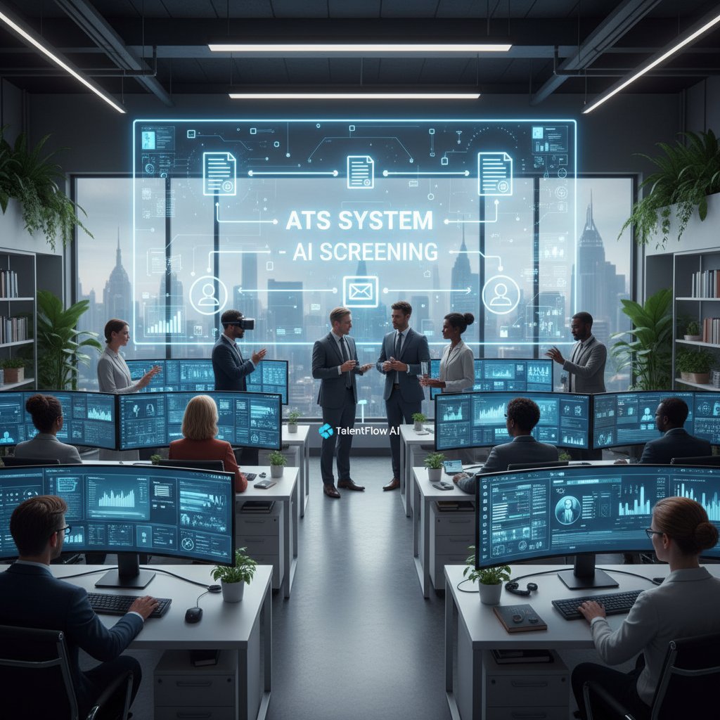 Rekruter korzystający z systemu ATS i AI w nowoczesnym biurze, z widocznymi ekranami aplikacji