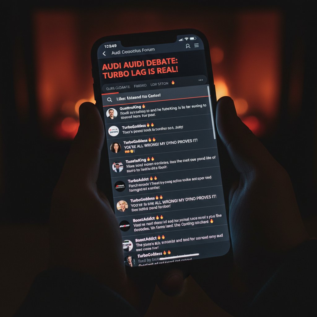 Dramatic phone screen showing heated Audi forum thread online