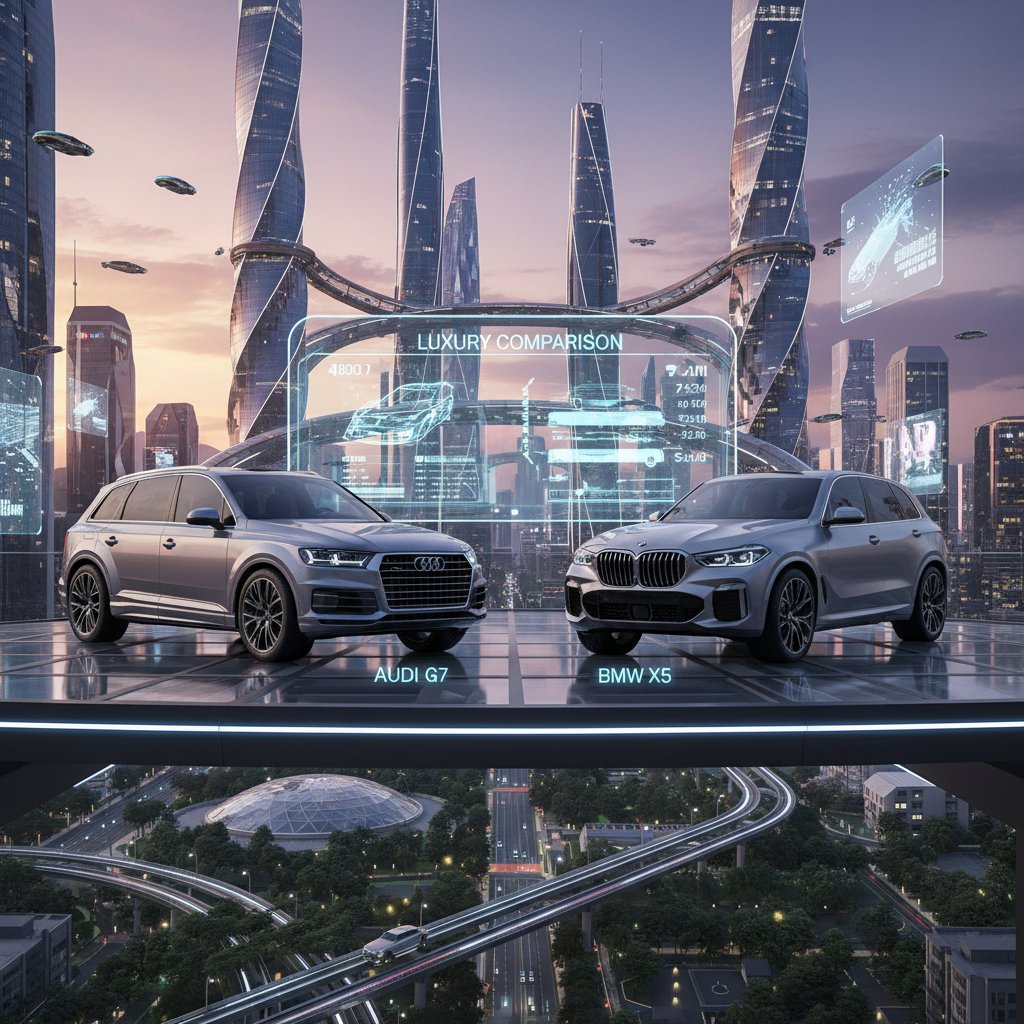 Audi Q7 and BMW X5 in a futuristic city setting, modern cityscape background, luxury suv comparison 2025