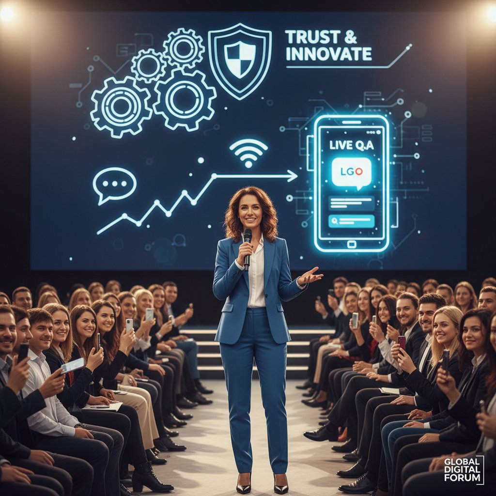 Grupa odbiorców rozmawia z przedstawicielem marki na evencie, budowanie zaufania online, komunikacja marki online przykłady