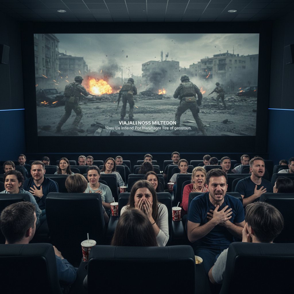 Audience in cinema watching intense modern warfare movie, visible emotional reactions