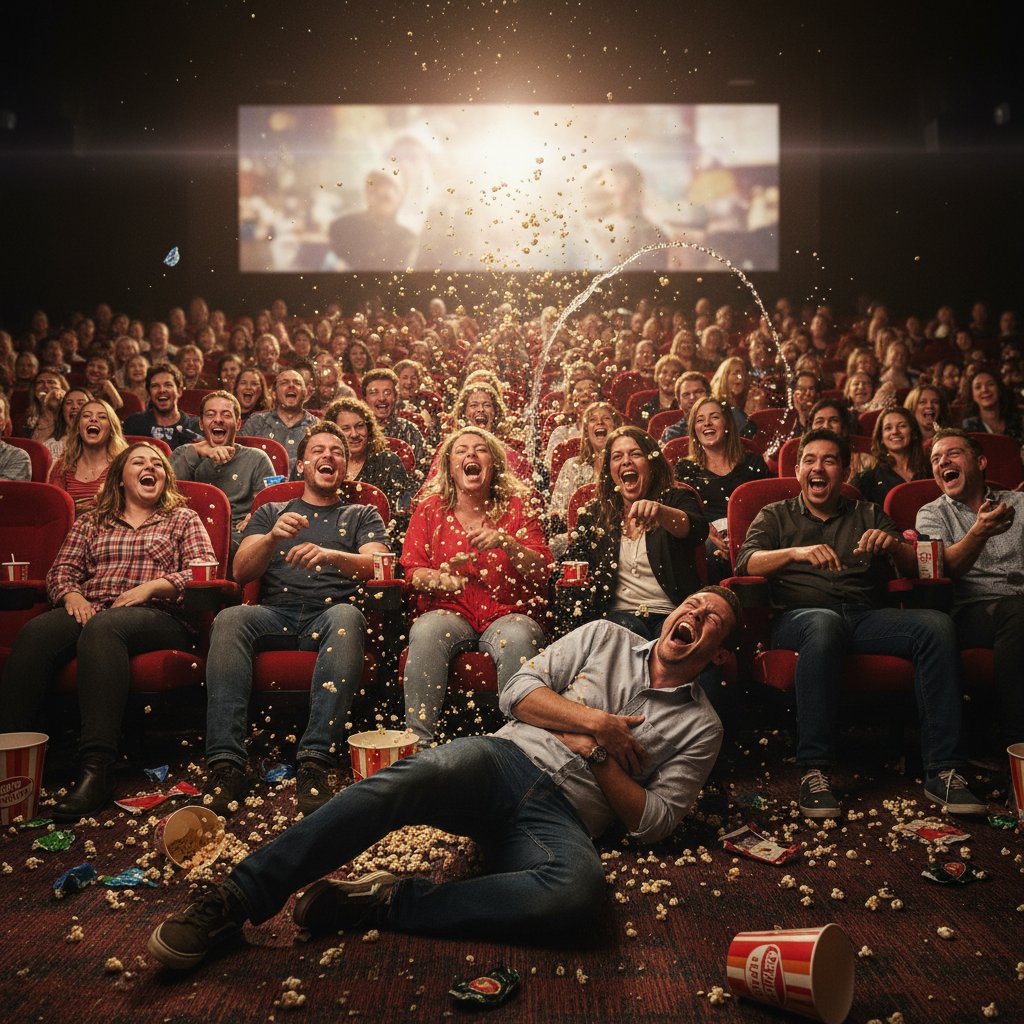 Audience laughing at comedic chaos on cinema screen, movie kobayashi maru comedy cinema