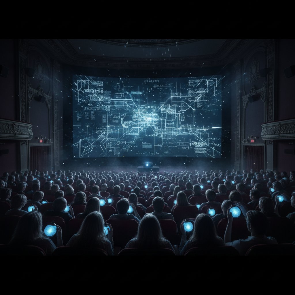 Audience watching a movie in a dark cinema, faces illuminated by the screen, reflecting the search for truth in films