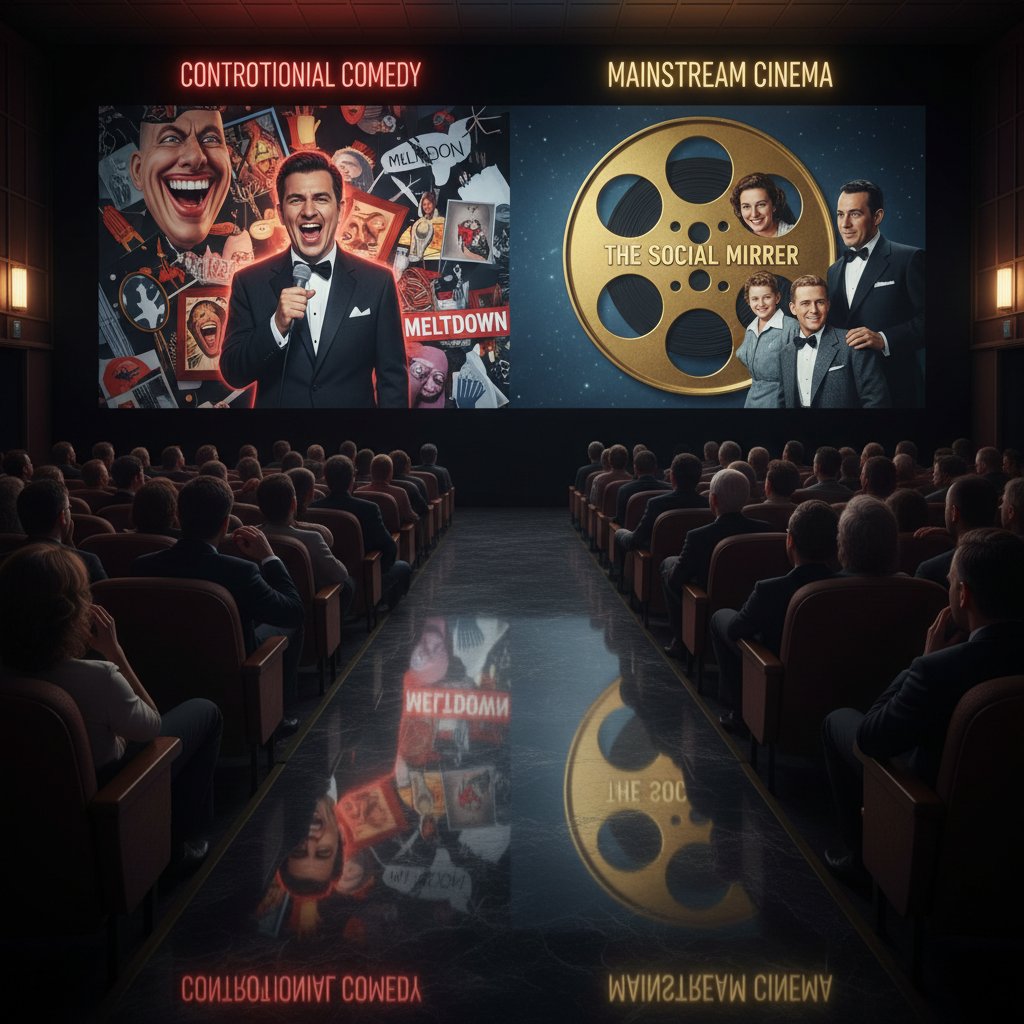 Audience in a dimly lit theater reflecting on a controversial comedy scene, illustrating comedy as a social mirror