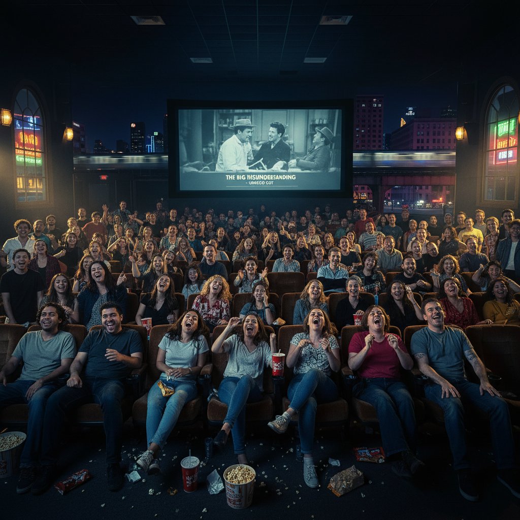 Audience celebrating unedited comedy movies at a late-night screening, vibrant rebellious crowd, urban setting, energetic atmosphere