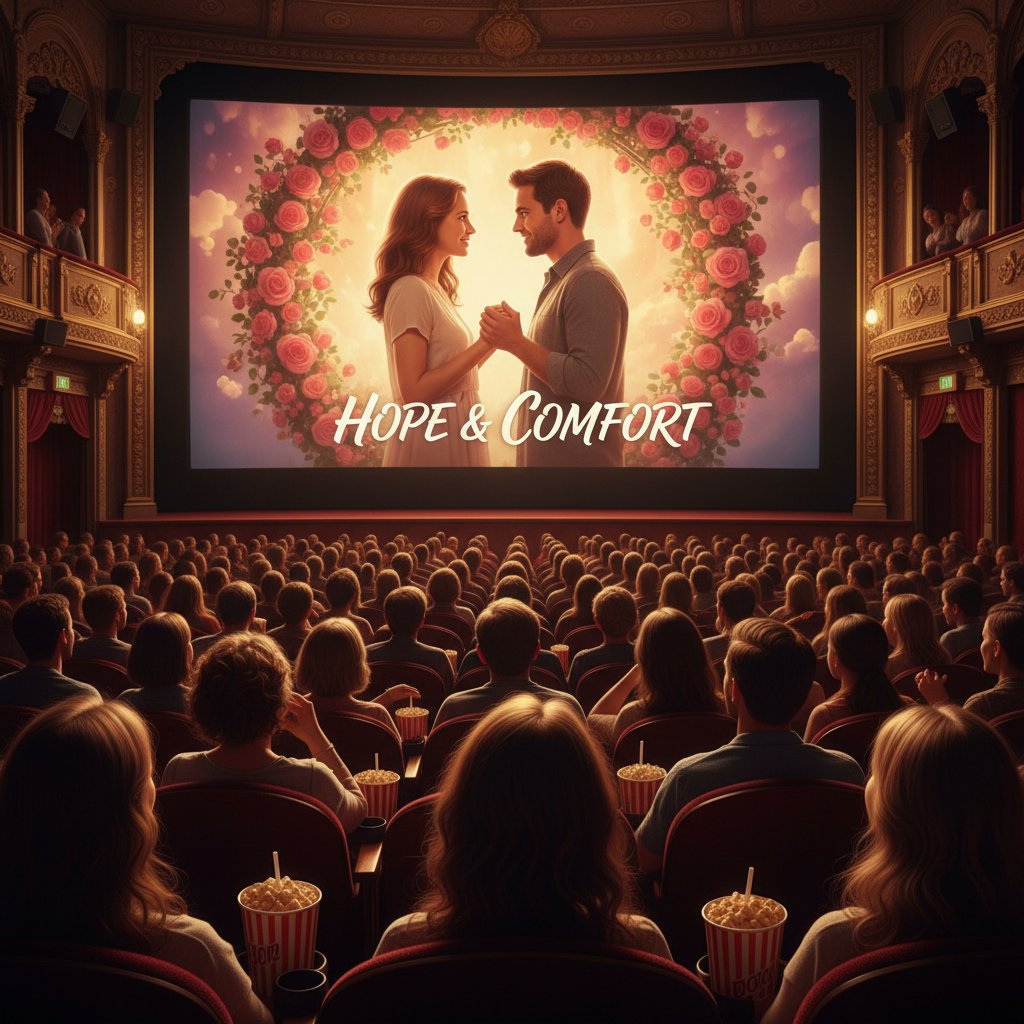 Couple laughing in movie theater, reflecting hope from romantic comedy