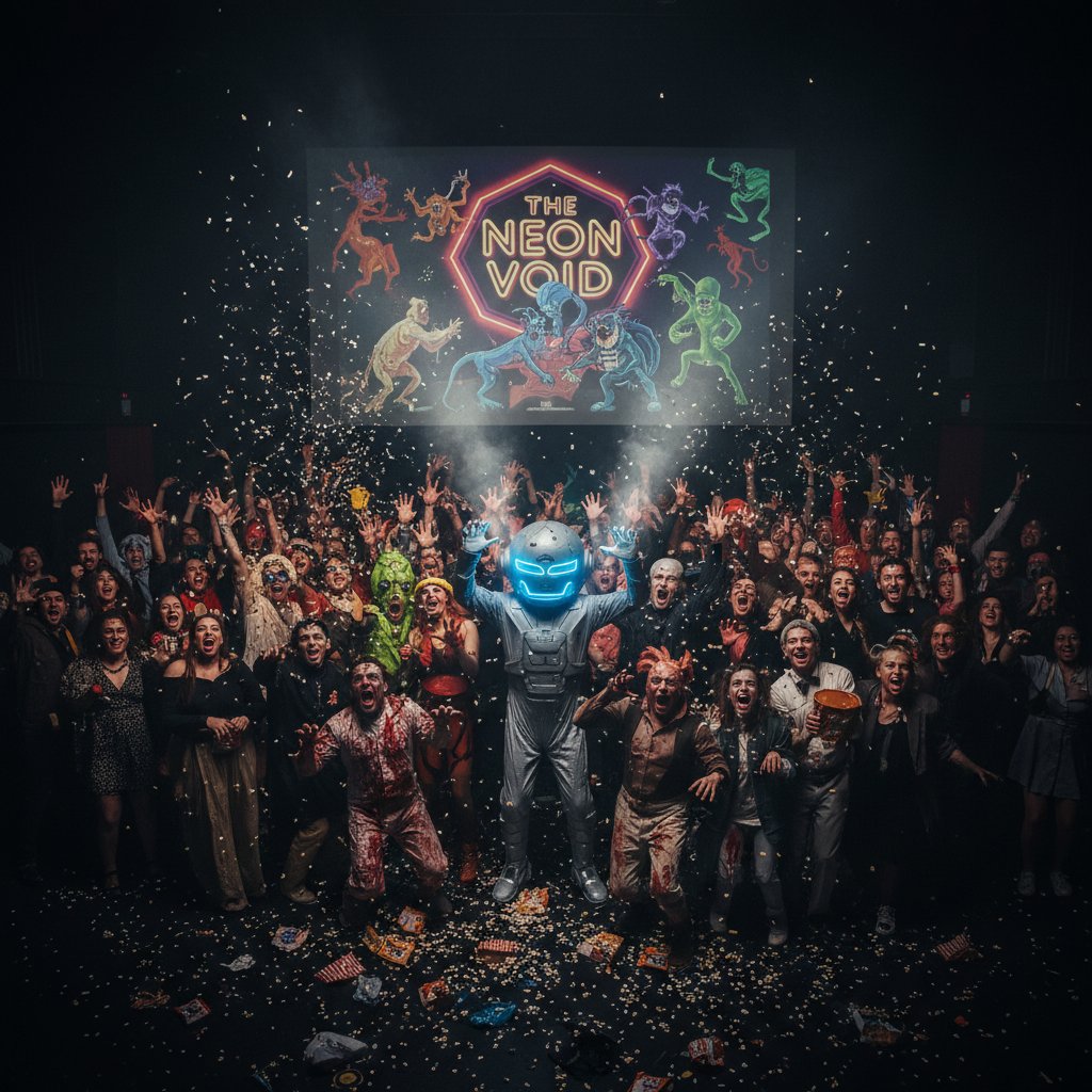 Audience in wild costumes cheering and interacting at a midnight movie screening