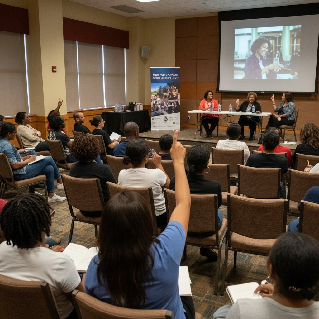 Audience talking about Octavia Spencer's film impact, photojournalistic shot of viewers discussing in a community center
