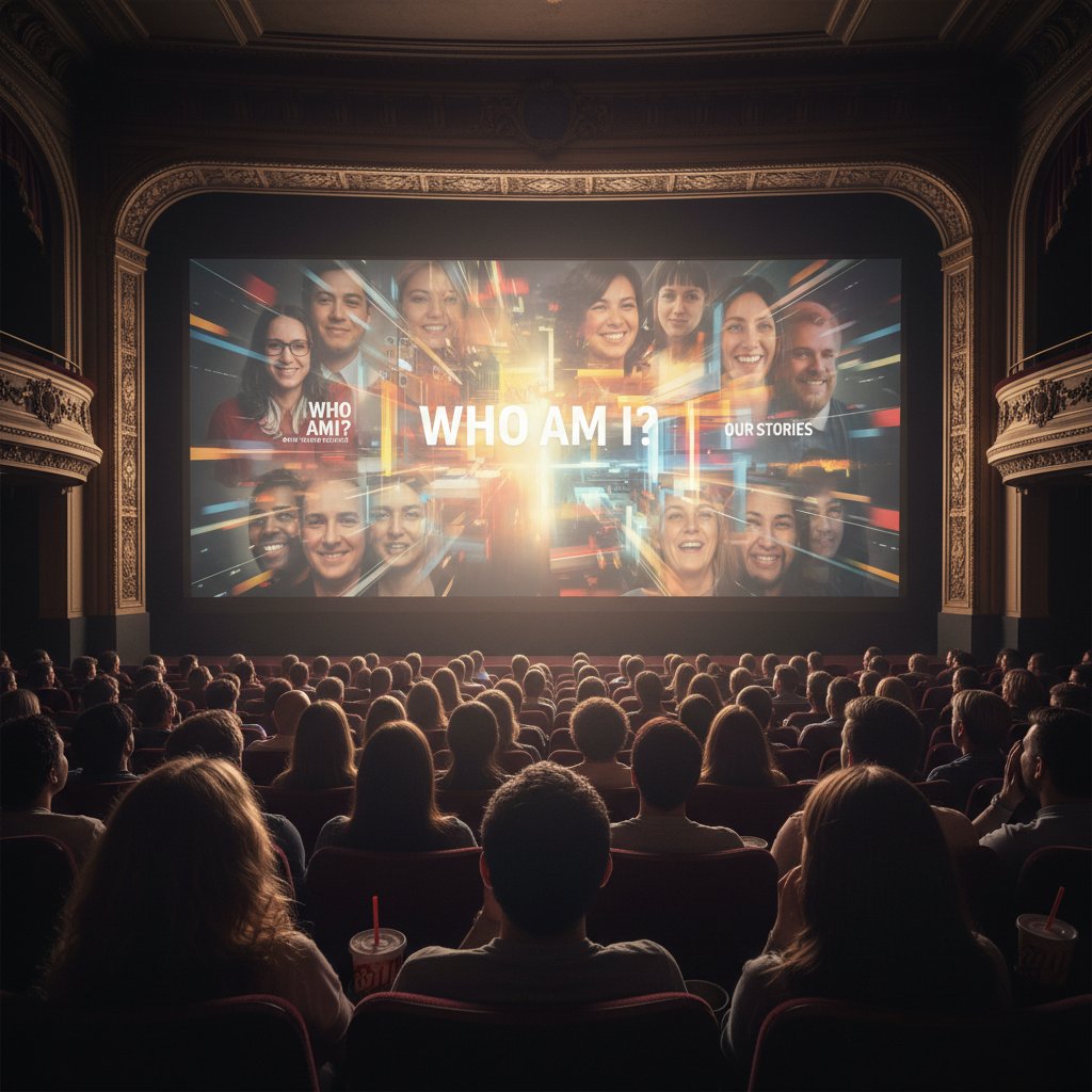 Close-up photo of audience faces illuminated by a movie screen, showing a range of emotions while watching movie identity movies